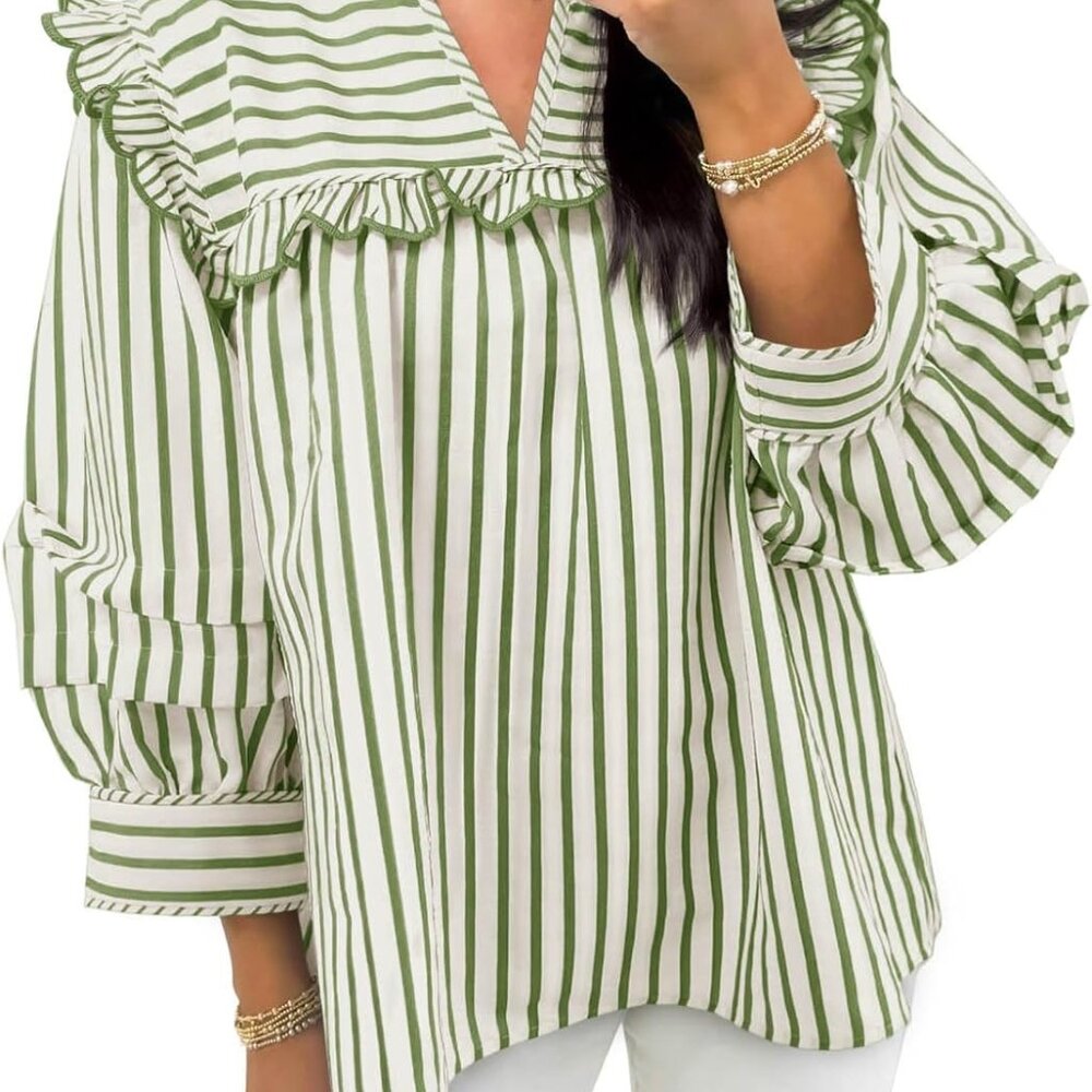 Womens Striped Babydoll Tops Ruffle V Neck Puff Sleeve Blouses Loose Fit Cute Fl